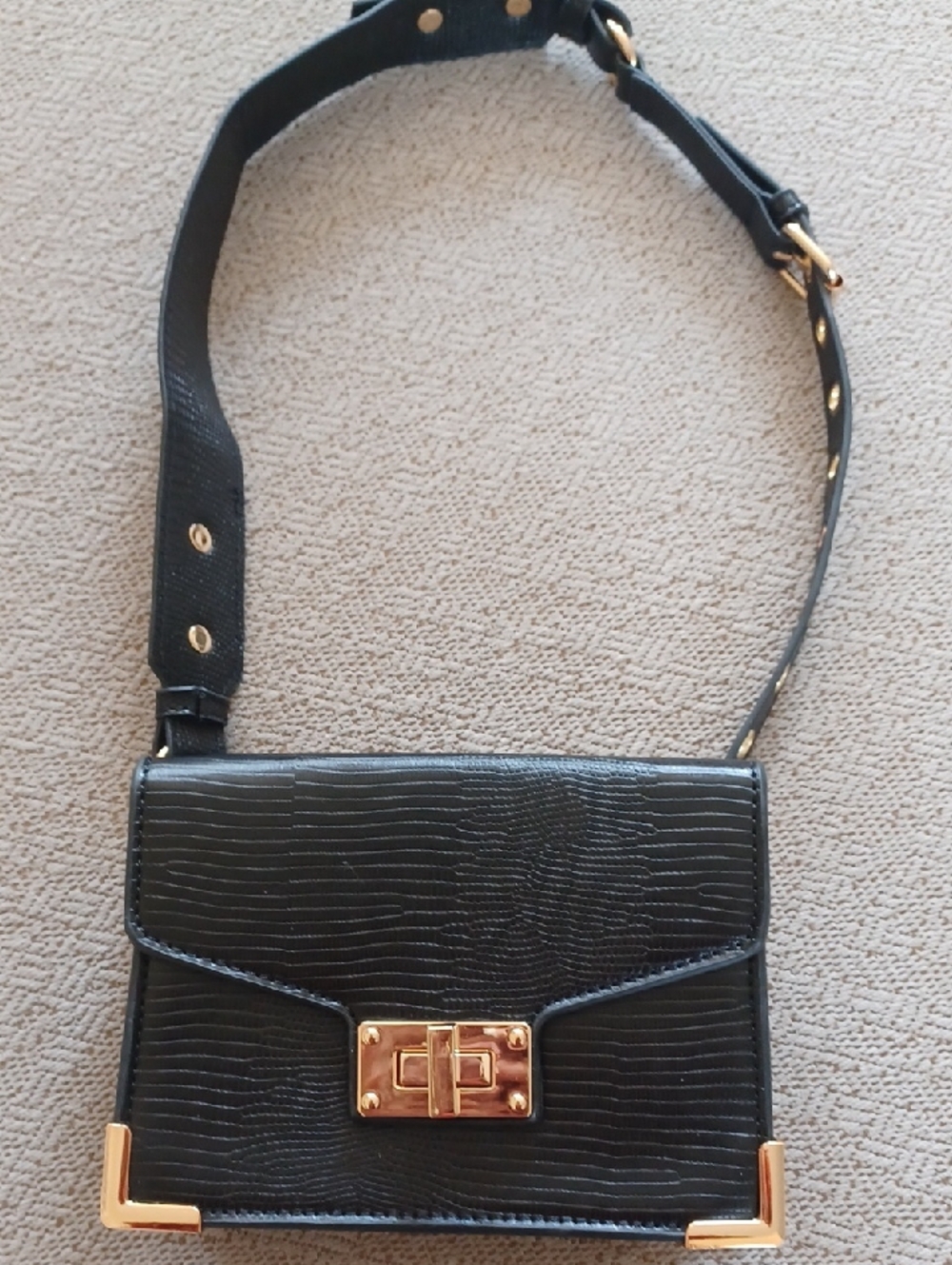 VENUS Black Textured Crossbody Bag with Gold Hardware